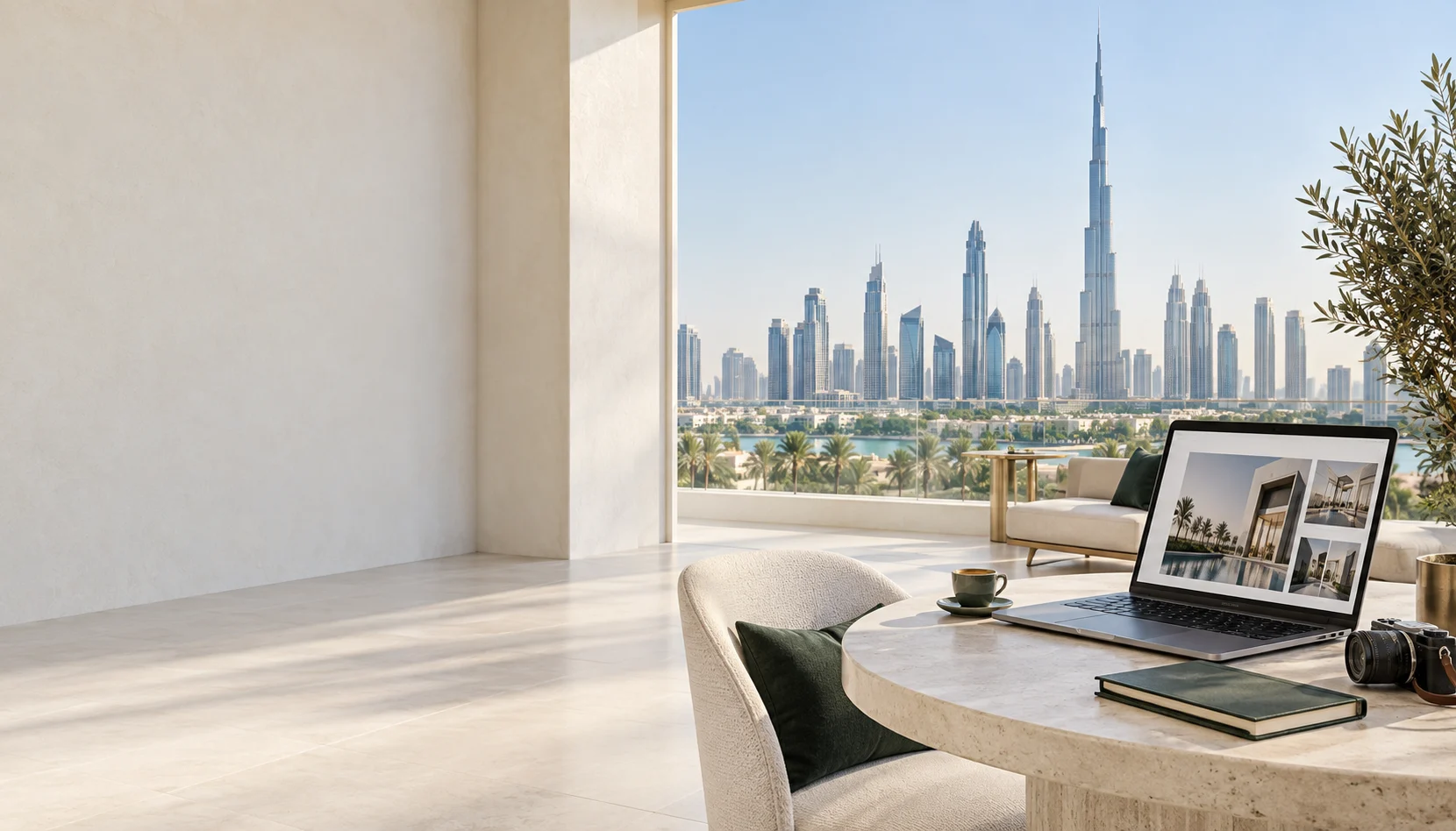 Illustrative Dubai terrace workspace with a laptop, camera and a clear skyline view